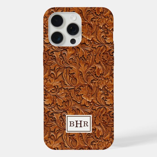 Bruin Leer Met Stempel Monogram iPhone Hoesje (Achterkant)