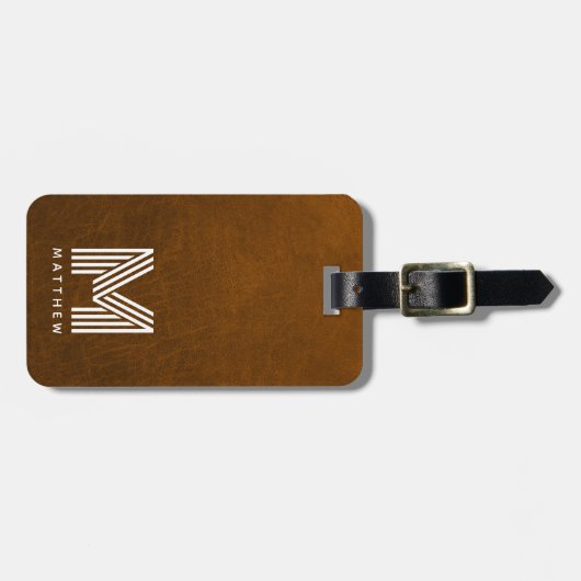 Bruin leer Vet Monogram Mannelijk Bagagelabel (Voorkant horizontaal)