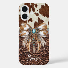 Bruin leren koeienhuid met juwelen en strik monogr iPhone 16 hoesje