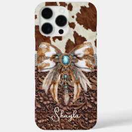 Bruin leren koeienhuid met juwelen en strik monogr iPhone 16 pro max hoesje