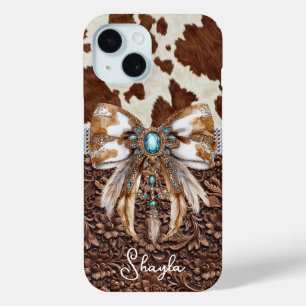 Bruin leren koeienhuid met juwelen en strik monogr iPhone 15 case