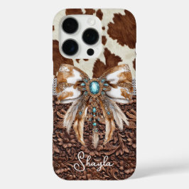 Bruin leren koeienhuid met juwelen en strik monogr iPhone 16 pro hoesje