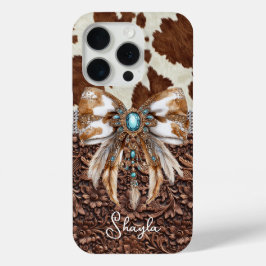 Bruin leren koeienhuid met juwelen en strik monogr iPhone 15 pro case