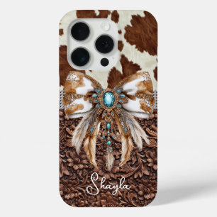 Bruin leren koeienhuid met juwelen en strik monogr iPhone 15 pro case