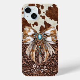 Bruin leren koeienhuid met juwelen en strik monogr iPhone 15 mini hoesje