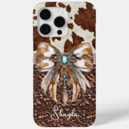 Bruin leren koeienhuid met juwelen en strik monogr iPhone 15 pro max hoesje