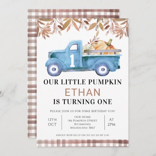 Bruin Loof Klein Pompoen Truck 1e Verjaardag Kaart (Voorkant / Achterkant)