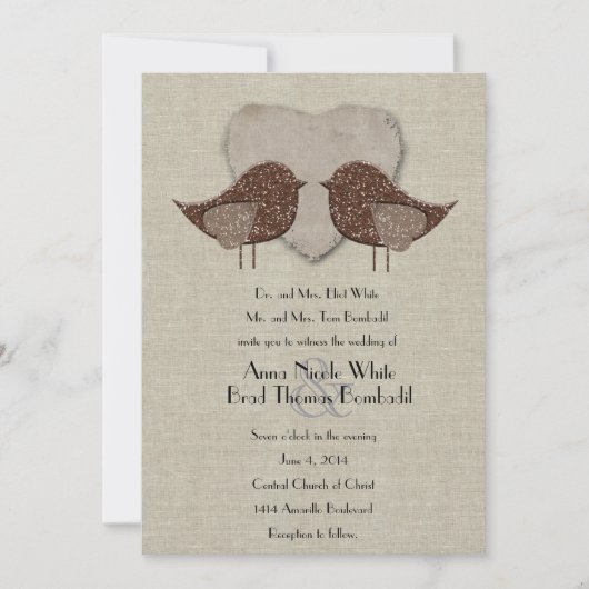 Bruin Lovevogels Linen Style Wedding Kaart (Voorkant)