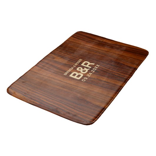 Bruin Mahogany Hout bruiloft Monogram Badmat (Gekanteld)