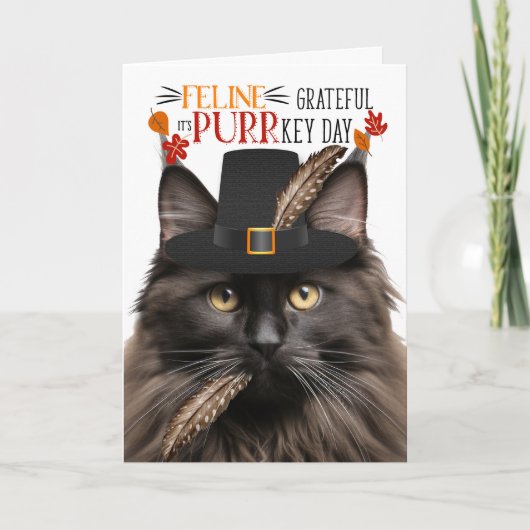 Bruin Maine Coon Kat Dankbaar voor PURRkey Dag Feestdagen Kaart (Voorkant)