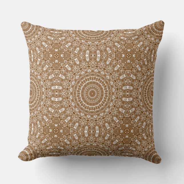 Bruin Mandala Geometrisch Patroon Kussen (Voorkant)