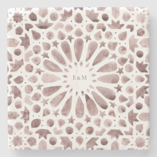 Bruin Marokkaanse Tegels Monogram Wedding Cloth Na Stenen Onderzetter (Voorkant)