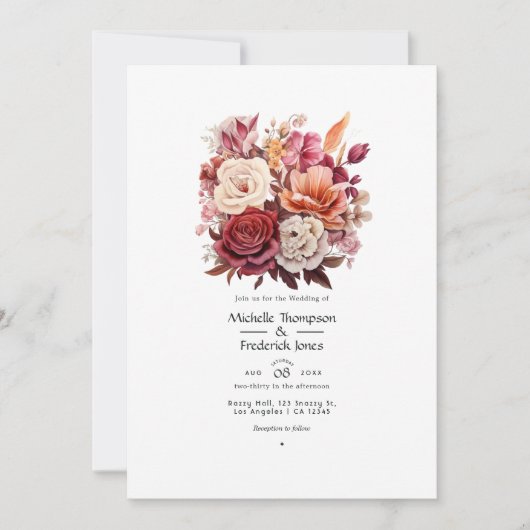 Bruin, Maroon en Zalm Bloemen Herfst Bruiloft Kaart (Voorkant)