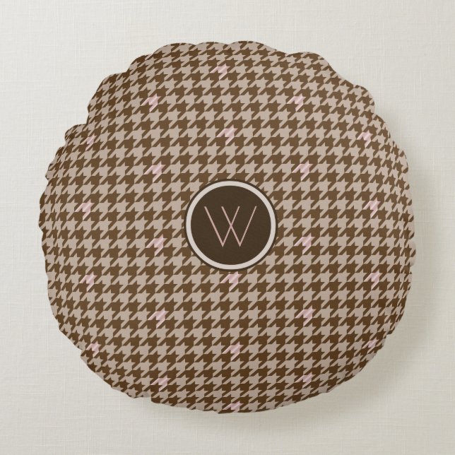 Bruin met Roos Gold Houndstooth Round Pillow Rond Kussen (Voorkant)
