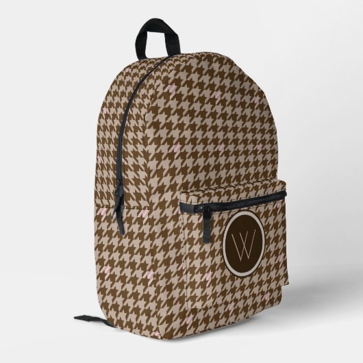 Bruin met Rose Goud Accent Houndstooth Bedrukte Rugzak (Achterkant Hoek Links)