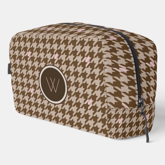 Bruin met Rose Goud Accent Houndstooth Toilettasje (Rechterhoek)
