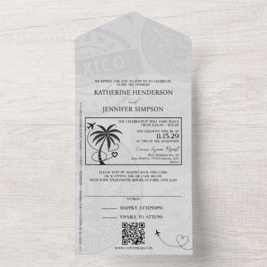 Bruin Mexico Passport Wedding All In One Uitnodiging (Binnen)