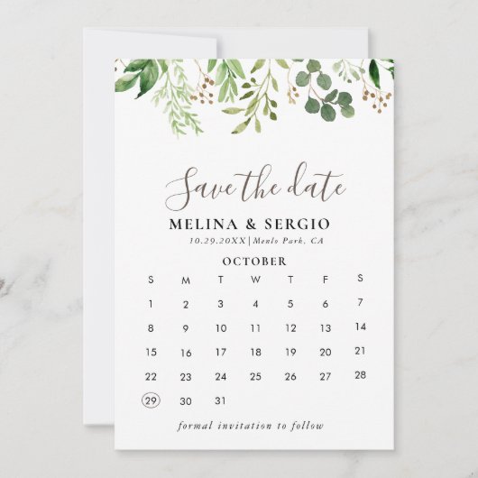 Bruin minimalistisch groen lef bespaart de kalende save the date (Voorkant)