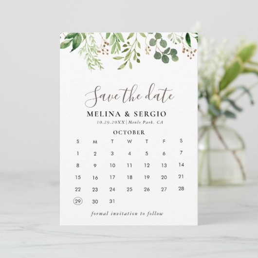 Bruin minimalistisch groen lef bespaart de kalende save the date (Staand voorkant)