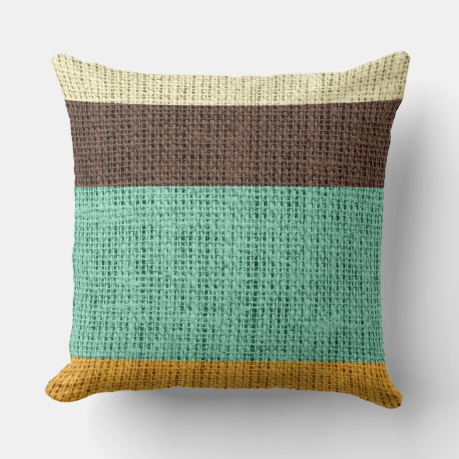Bruin Mint Yellow Stripes Burlap Linen Rustic Jute Kussen (Voorkant)