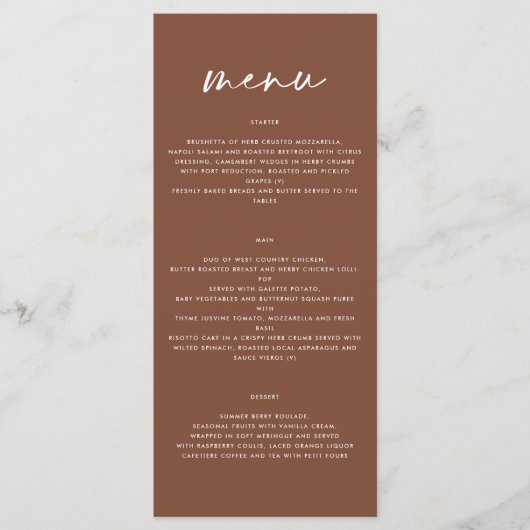 Bruin modern eenvoudig elegant script bruiloft menu (Voorkant)