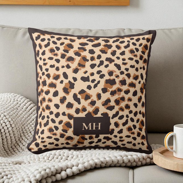 Bruin Monogram Moderne Beginletters Luipaard Patro Kussen (Brown Monogram Modern Initials Leopard Pattern Throw Pillow)