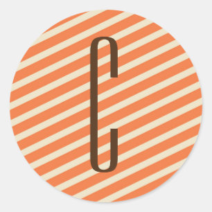 Bruin Monogram op Retro Oranje Diagonale Strepen Ronde Sticker