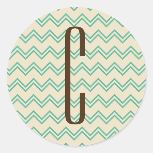 Bruin Monogram op Turquoise Groen Chevron Patroon Ronde Sticker (Voorkant)