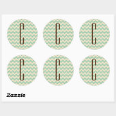 Bruin Monogram op Turquoise Groen Chevron Patroon Ronde Sticker (Vel)