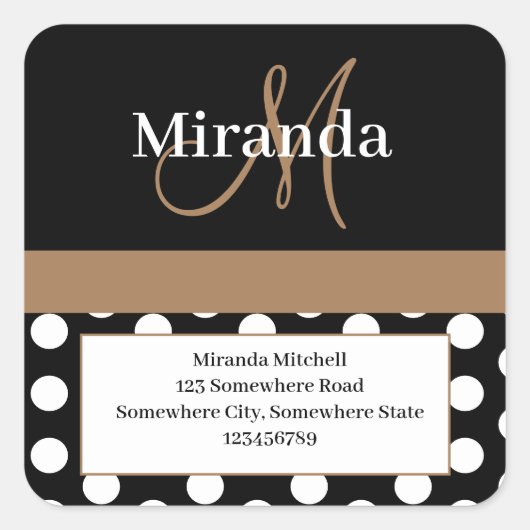 Bruin Monogram Wit Polka Punt Terugkeeradres Vierkante Sticker (Voorkant)