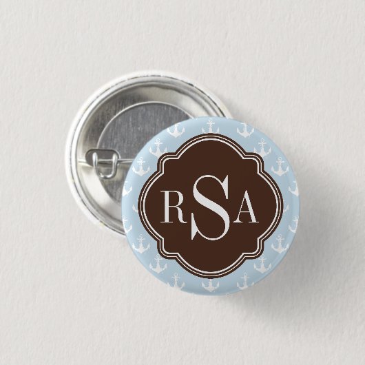 Bruin Monogrammed Blue Anchor Pattern Ronde Button 3,2 Cm (Voorkant /achterkant)
