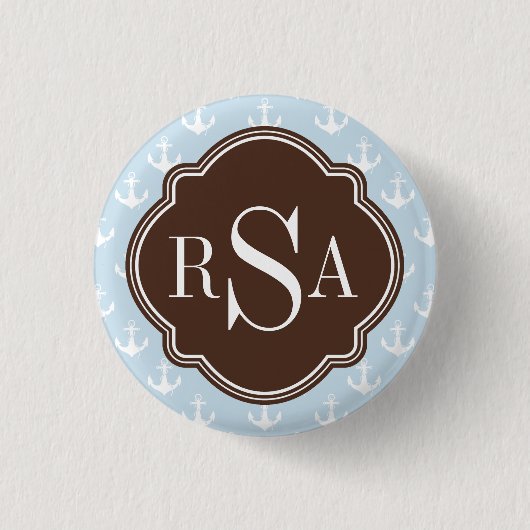Bruin Monogrammed Blue Anchor Pattern Ronde Button 3,2 Cm (Voorkant)