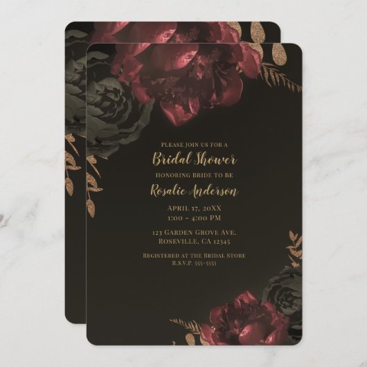 Bruin Moody Dark Floral Gold Greenery Bridal Kaart (Voorkant / Achterkant)