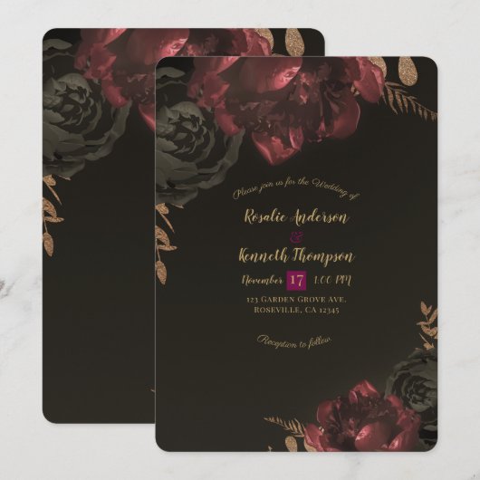Bruin Moody Dark Floral Gold Greenery Wedding Kaart (Voorkant / Achterkant)