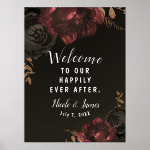 Bruin Moody Dark Floral Gold Greenery Wedding Sign Poster
