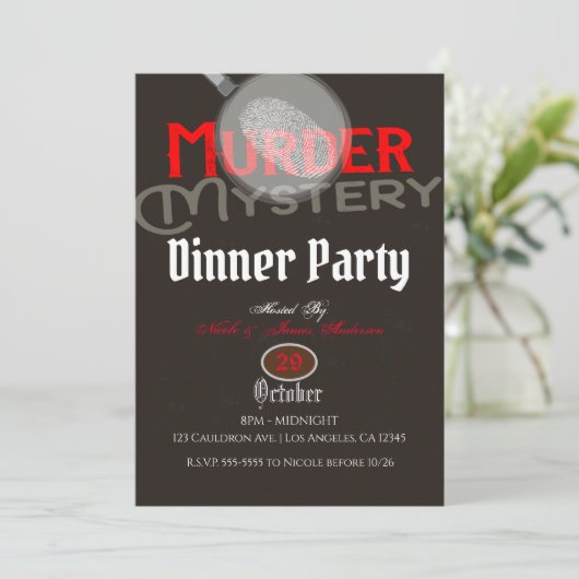 Bruin moordmysterie dinerfeest kaart (Staand voorkant)