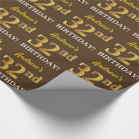 Bruin, namaak goudkleurig "32e VERJAARDAG" Cadeaupapier (Hoek)