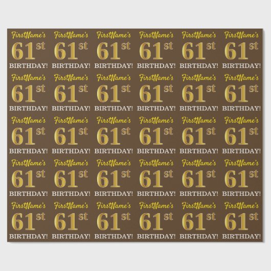 Bruin, namaak goudkleurig "61ste VERJAARDAG" Cadeaupapier (Vlak)