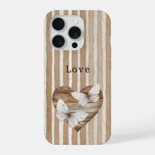 Bruin namaak houten hart witte vlinders liefde iPhone 15 pro case