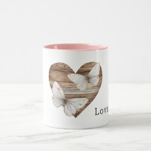 Bruin namaak houten hart witte vlinders liefde mok