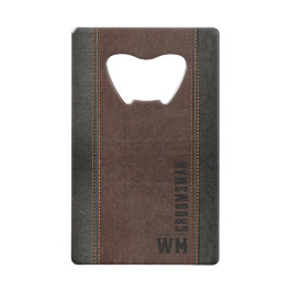 Bruin namaak leer monogram bruidegomsgeschenk creditkaart flessenopener