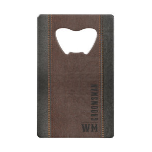 Bruin namaak leer monogram bruidegomsgeschenk creditkaart flessenopener