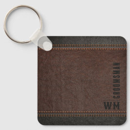 Bruin namaak leer monogram bruidegomsgeschenk sleutelhanger