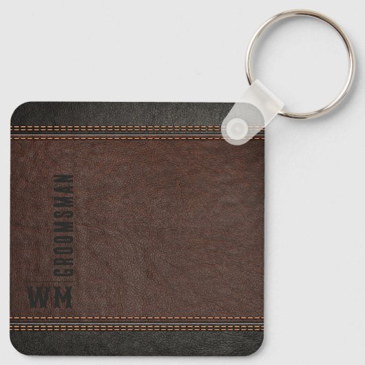 Bruin namaak leer monogram bruidegomsgeschenk sleutelhanger (Achterkant)