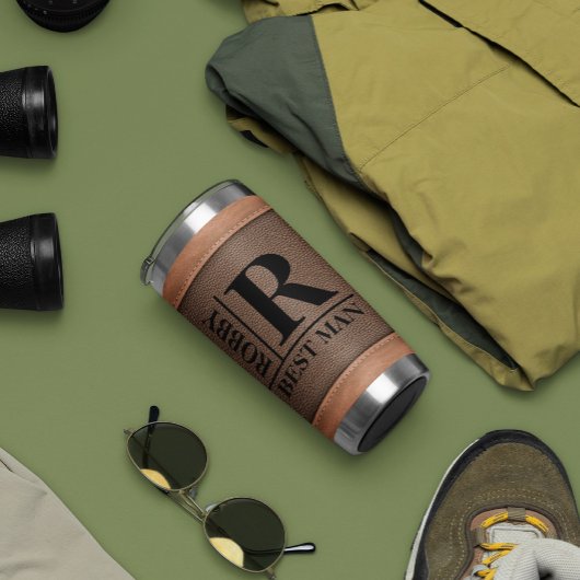 Bruin nep leer stiches monogram aangepaste naam geïsoleerde drinkbeker