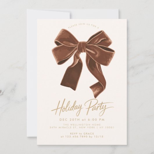 Bruin Neutraal Velvet Bow Holiday Christmas Party Kaart (Voorkant)