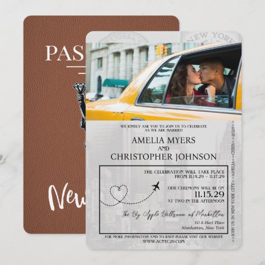 Bruin New York City Passport Wedding Kaart (Voorkant / Achterkant)