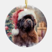 Bruin Newfoundland Hond Santa Hat Kerstmis Keramisch Ornament (Voorkant)