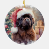 Bruin Newfoundland Hond Santa Hat Kerstmis Keramisch Ornament (Achterkant)