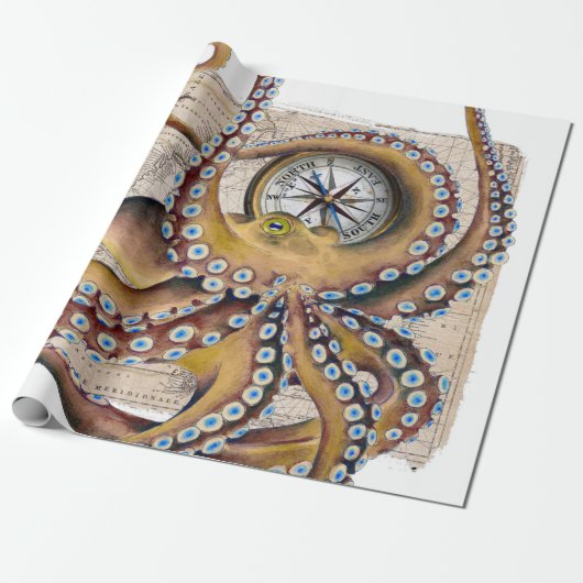 Bruin octopus  Map Compass Cadeaupapier (Uitgerold)